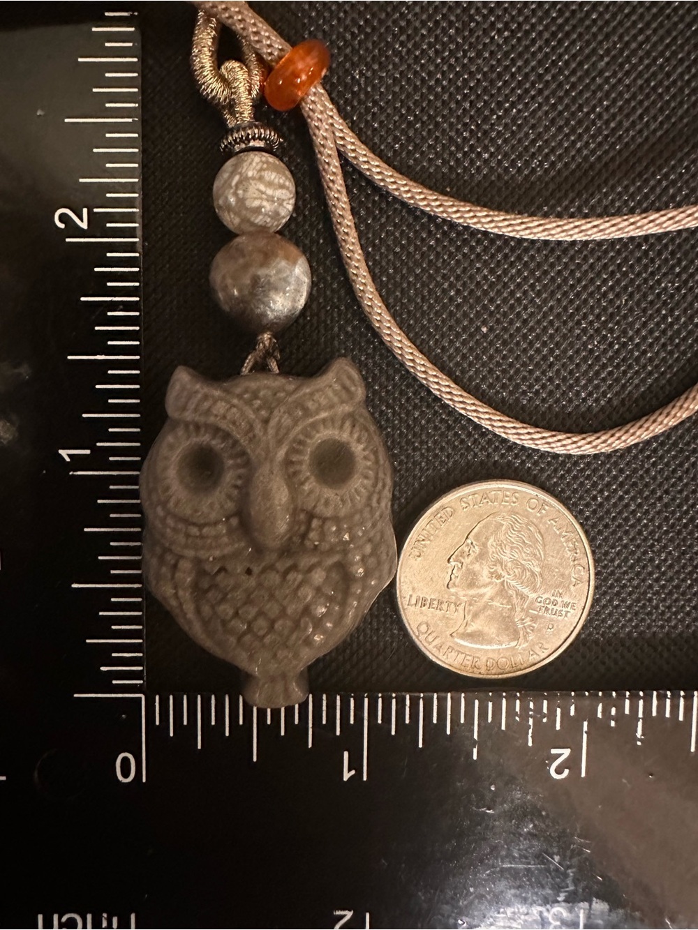 Alashan Agate Owl Pendant Necklace with Sunstone and Coral Fossil on Rope - Picture 12 of 12